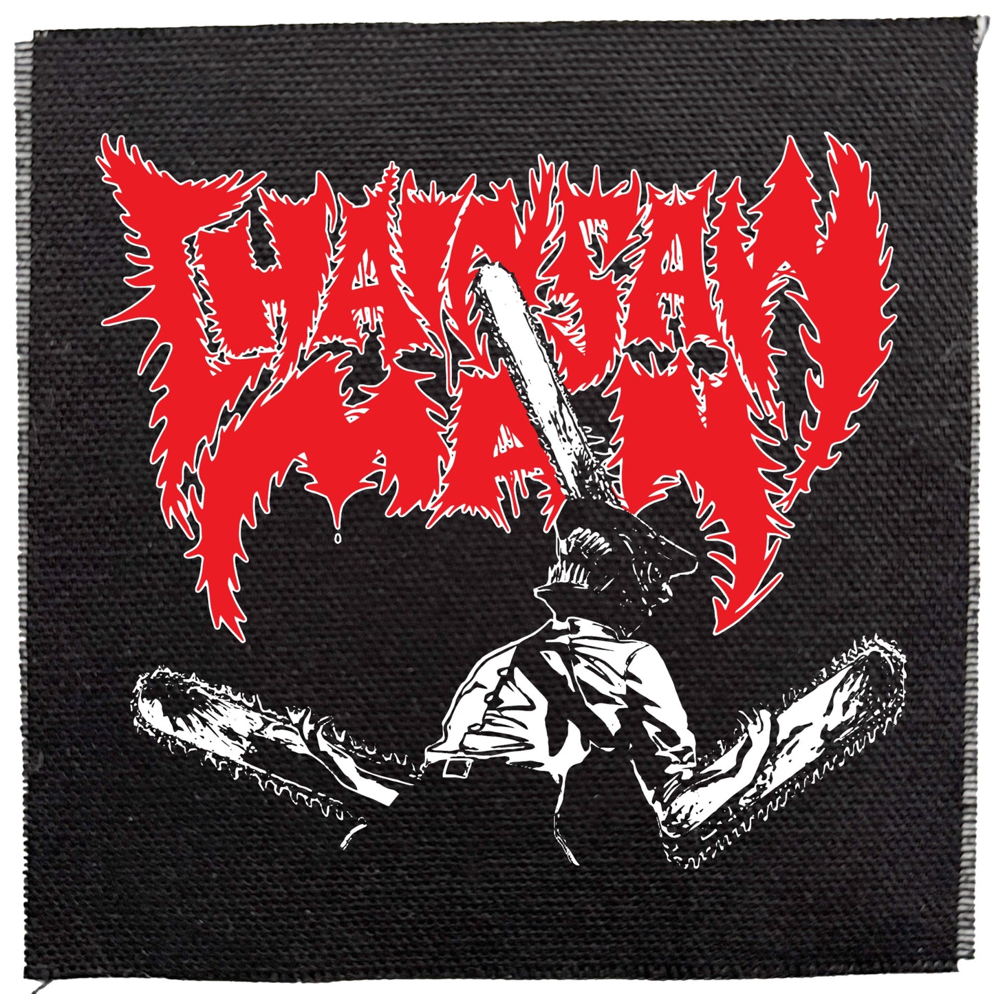 Black metal patch with red text and silhouette of a person with a bat on a black background