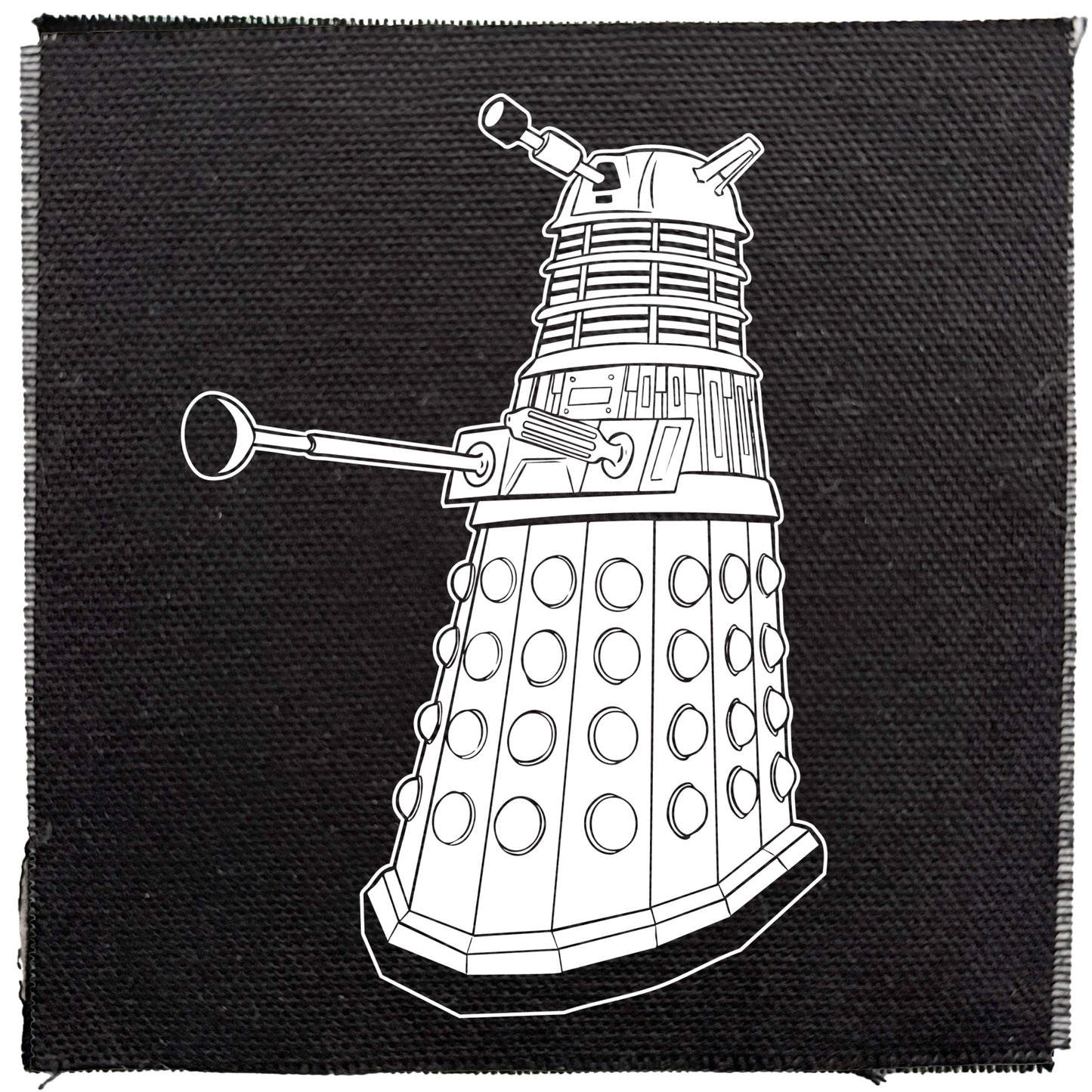 White outline of a Dalek on a black background