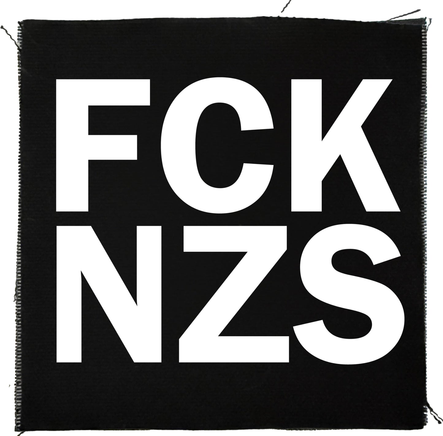 Black blanket with white text 'FCK NZS' on a white background