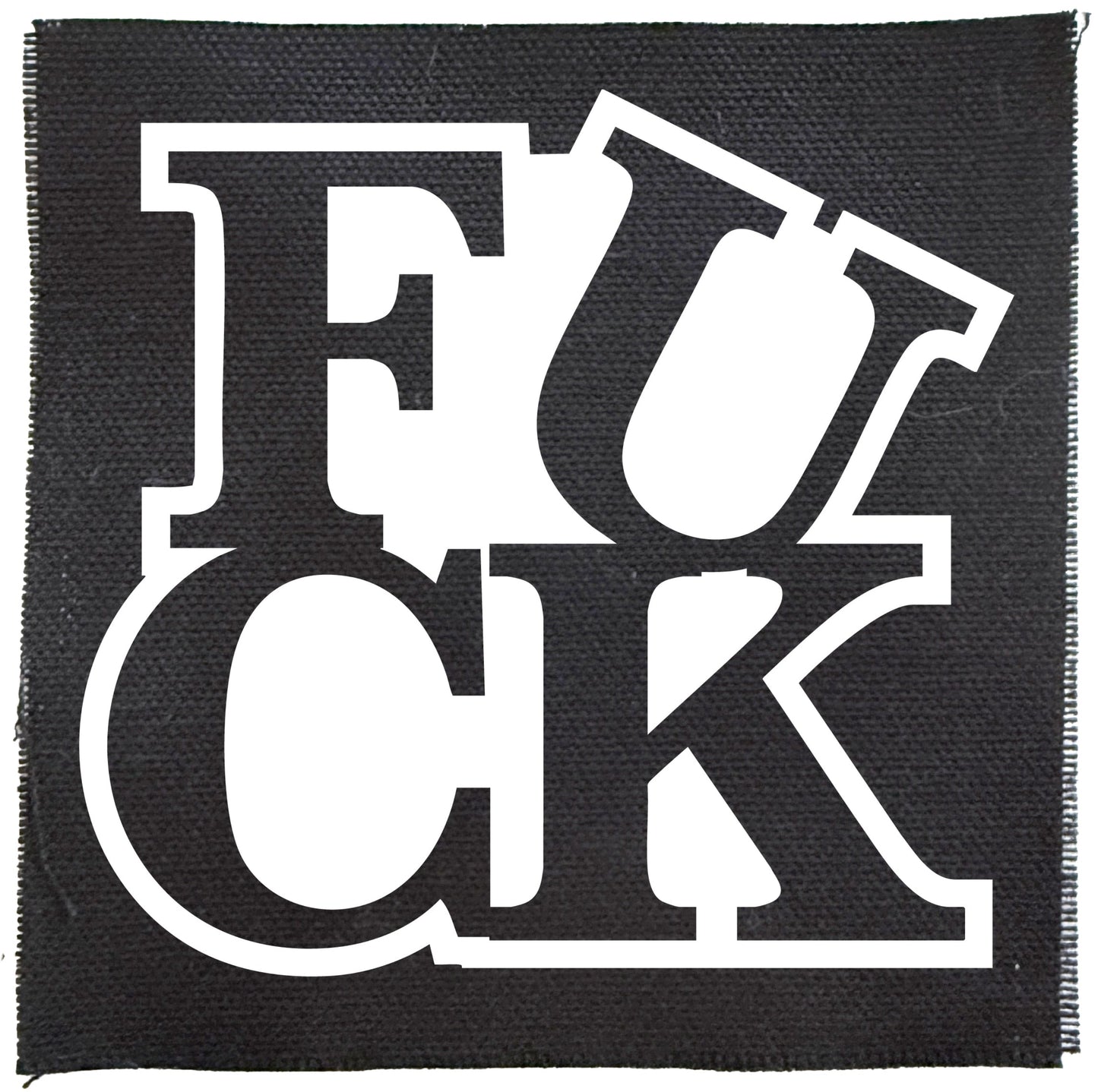 Black patch with white 'FUCK' text on a white background