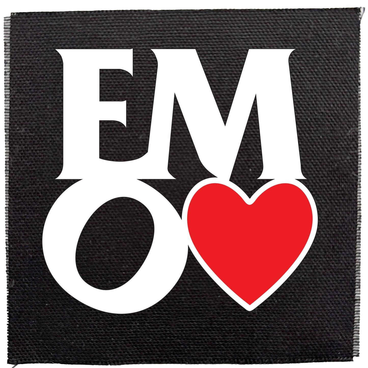 Patch with 'EMO' text and a red heart on a black background