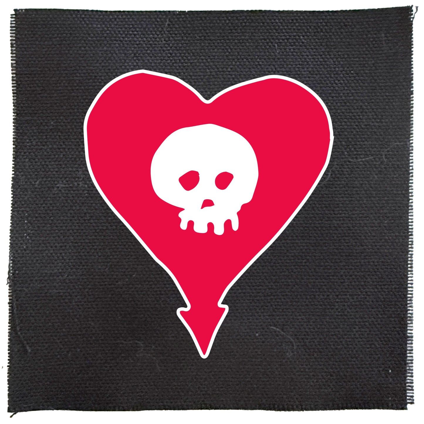 Black fabric patch with a red heart and white skull design on a white background