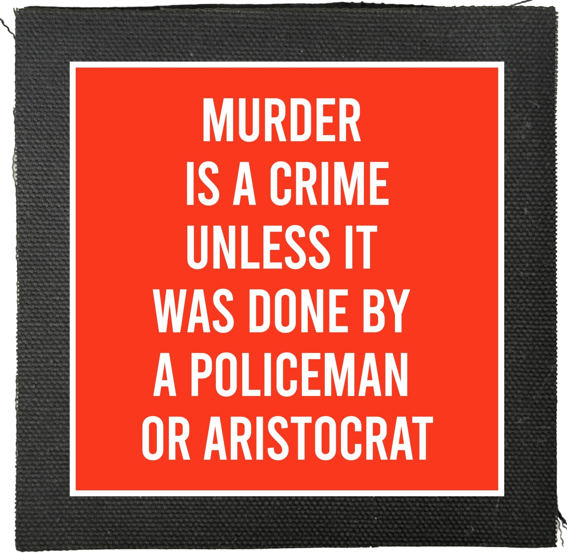 Red square sign with white text on a black border