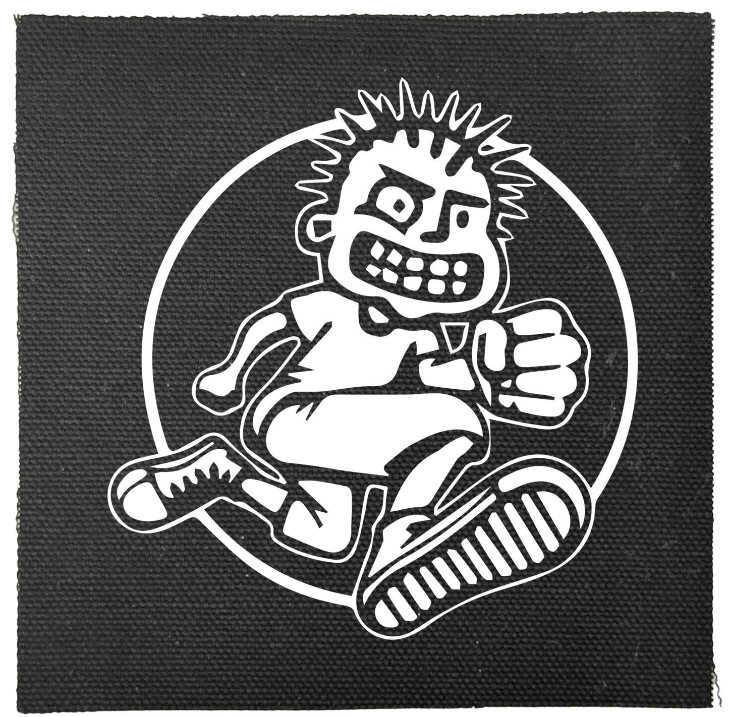 Black and white illustration of a cartoon character on a black background