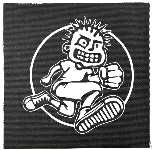 Black and white illustration of a cartoon character on a black background